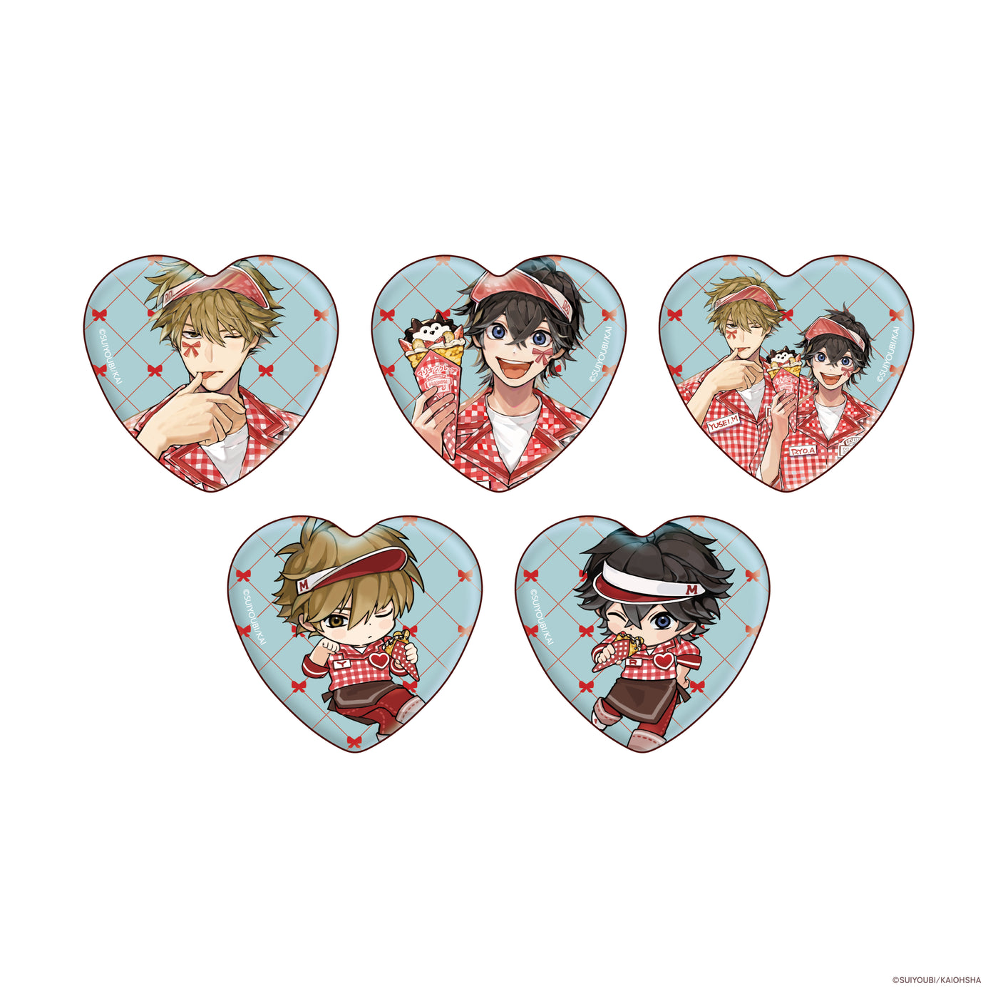 【『命懸けダミーロマンス』マリオンクレープコラボグッズ】ランダムハート型缶バッジ（全5種）